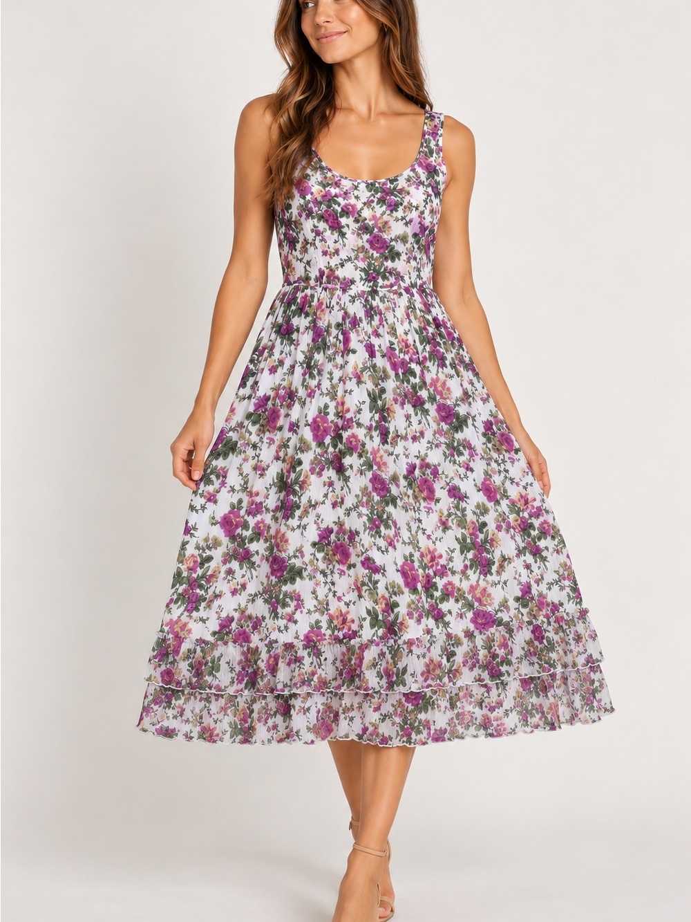 Sundance White Floral Scoop-Neck Midi Dress with Purple Blooms